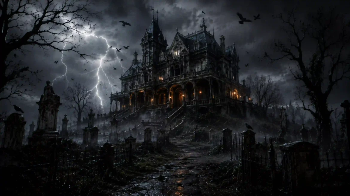 Haunted gothic mansion surrounded by a dark cemetery and leafless trees during a lightning storm at night in an Ultra HD 4K horror wallpaper