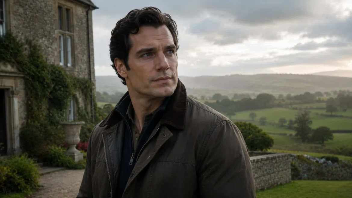 Henry Cavill standing outside a stone countryside estate overlooking rolling green hills in a cinematic Ultra HD 4K celebrity wallpaper