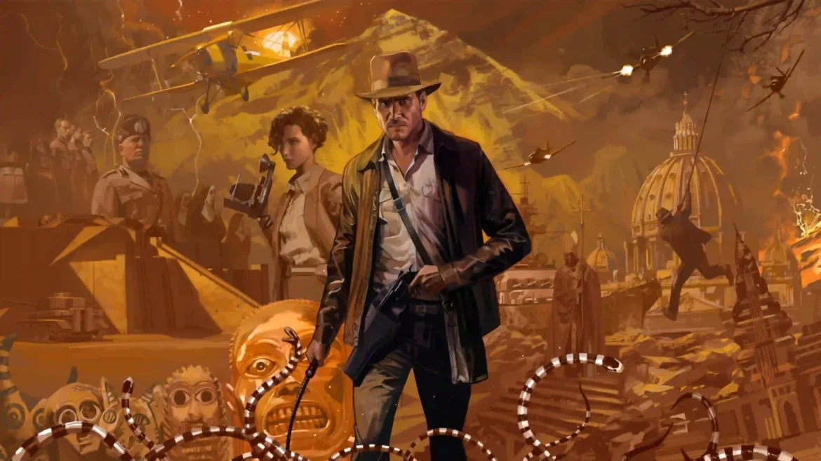 Indiana Jones and the Great Circle 4K wallpaper featuring Indiana Jones surrounded by ancient artifacts, aircraft, ruins, and adventure artwork