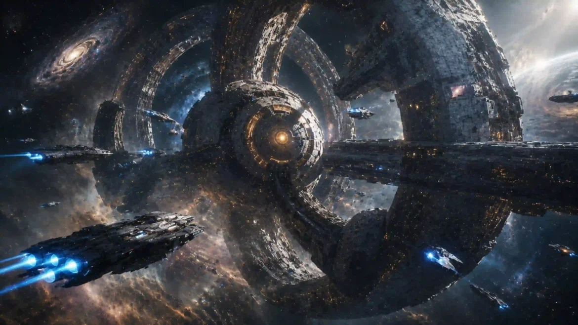 Massive ring-shaped orbital space station surrounded by starships, galaxies, and nebulae in an Ultra HD 4K sci-fi wallpaper