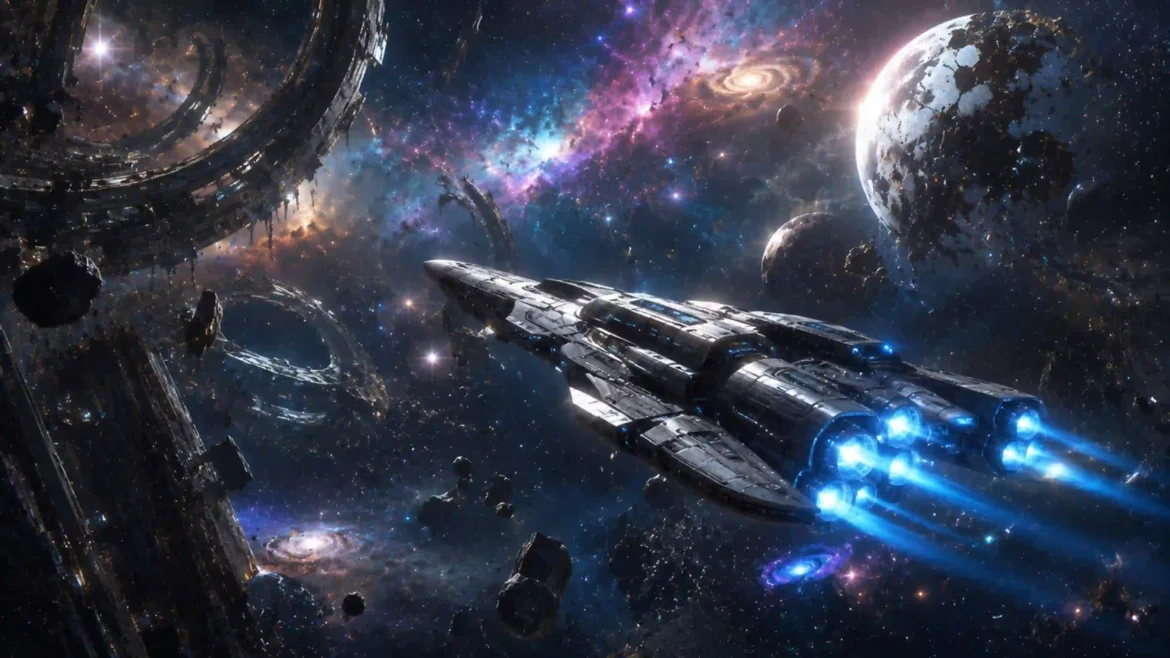 Futuristic interstellar starship flying through colorful galaxies, nebulae, and deep space with glowing blue engines in an Ultra HD 4K wallpaper