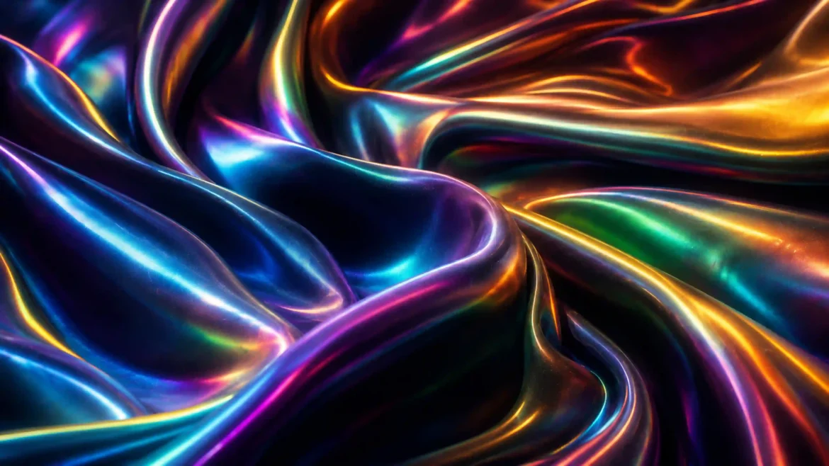 Iridescent neon metallic waves with flowing abstract liquid shapes in blue, purple, gold, and pink in an Ultra HD 4K wallpaper