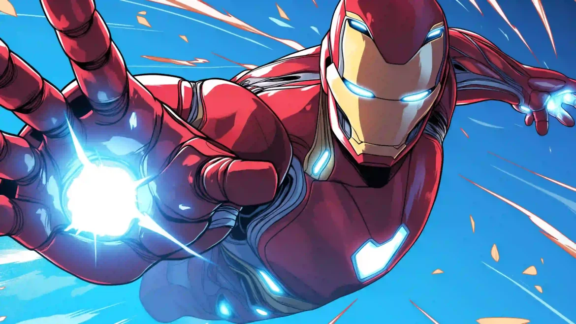 Iron Man flying through the air with a glowing repulsor blast from his hand in a vibrant comic-book-style 4K Marvel wallpaper