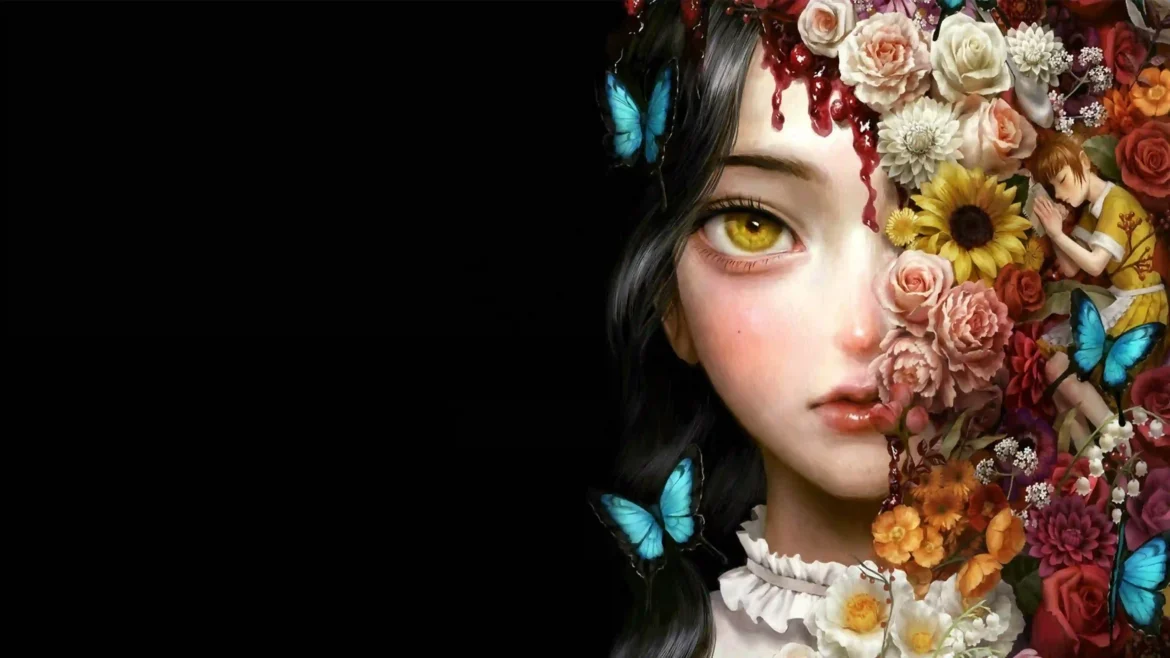 Iwakura Aria floral portrait anime wallpaper with golden eye, roses, butterflies, and dark surreal background in 4K