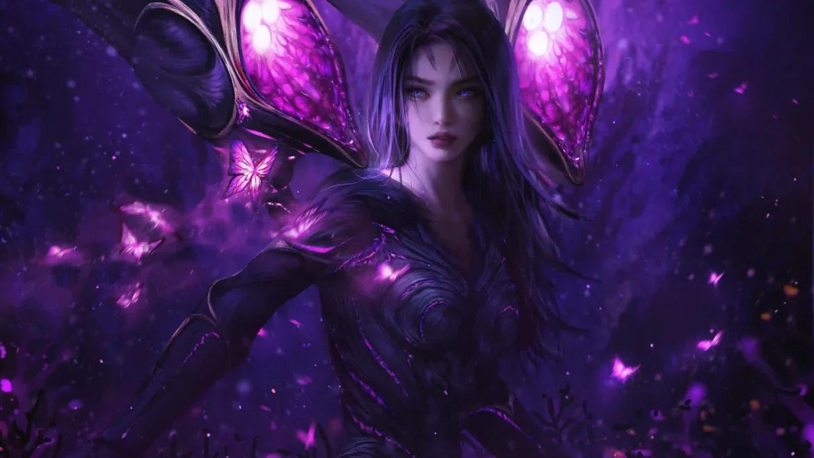 Kai’Sa with glowing violet butterfly wings surrounded by neon purple butterflies in a dark cinematic fantasy scene in an Ultra HD 4K gaming wallpaper