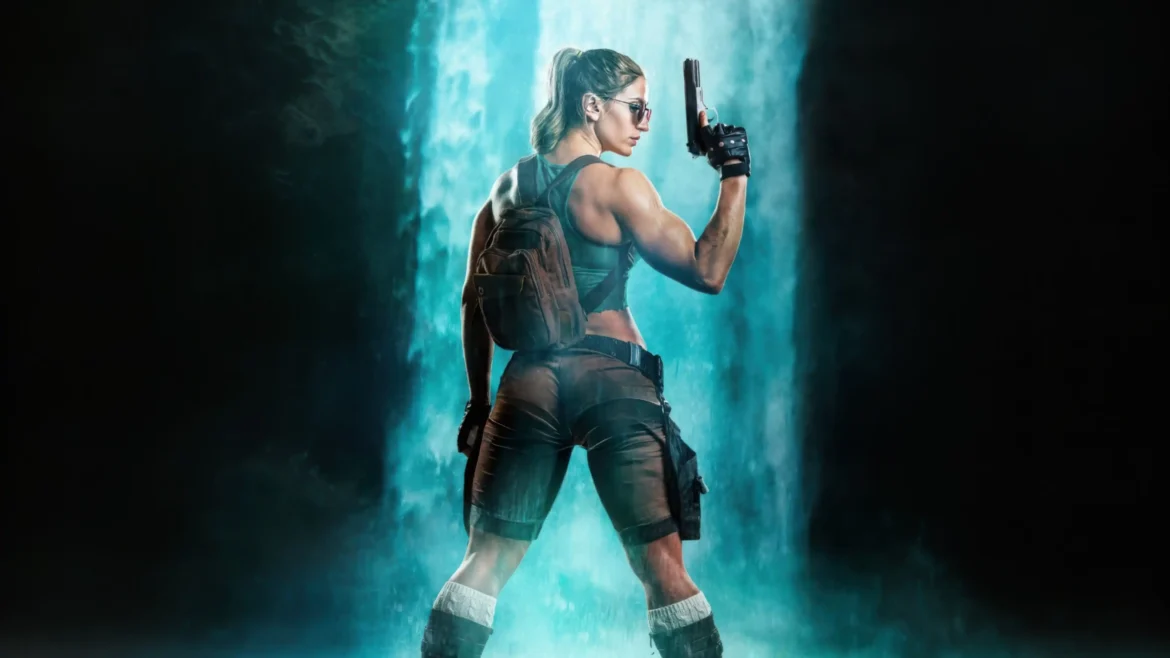 Lara Croft standing before a glowing waterfall with a raised pistol in a cinematic Ultra HD 4K Tomb Raider wallpaper