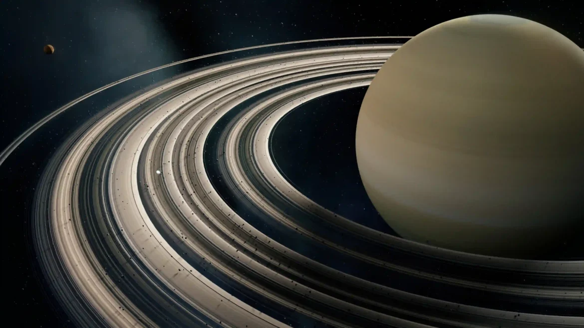 Saturn with detailed ice ring system and orbiting moon in deep space in a high-resolution 4K wallpaper