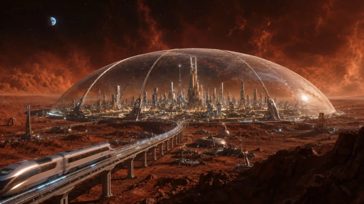 Futuristic Martian megacity beneath a giant transparent dome with glowing skyscrapers, high-speed train, and red planetary sky in an Ultra HD 4K wallpaper