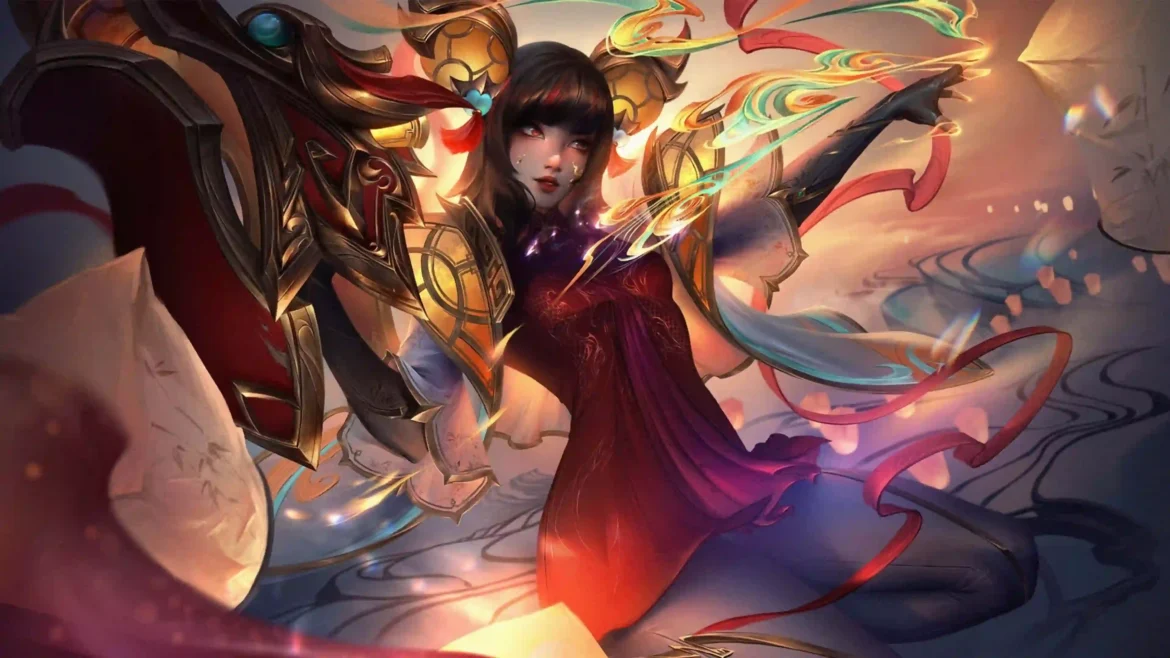 League of Legends Mythmaker Ahri weaving glowing magical ribbons near floating lanterns in a 4K gaming wallpaper