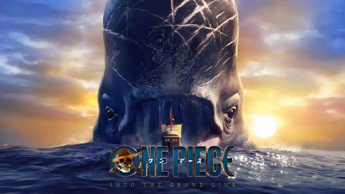 One Piece 4K wallpaper featuring a giant sea creature rising from the ocean behind a sailing ship at sunset