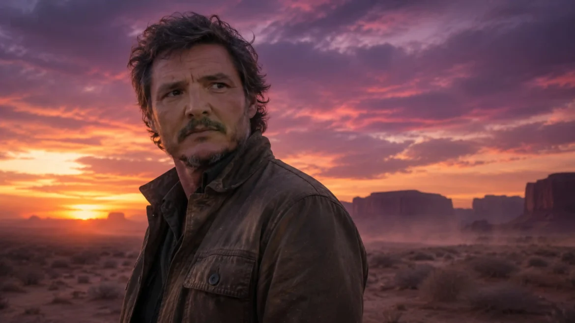 Pedro Pascal standing in a desert at sunset with dramatic colorful clouds and cinematic western atmosphere in an Ultra HD 4K wallpaper