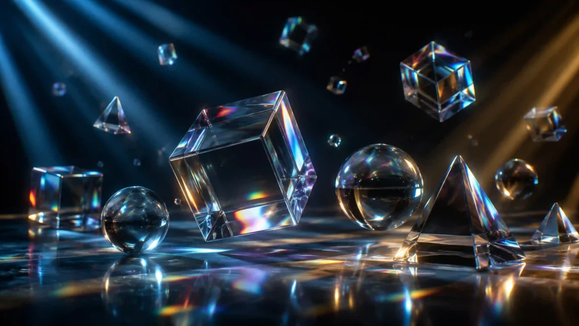 Transparent glass cubes, spheres, and pyramids reflecting rainbow light beams on a dark glossy surface in an Ultra HD 4K abstract wallpaper