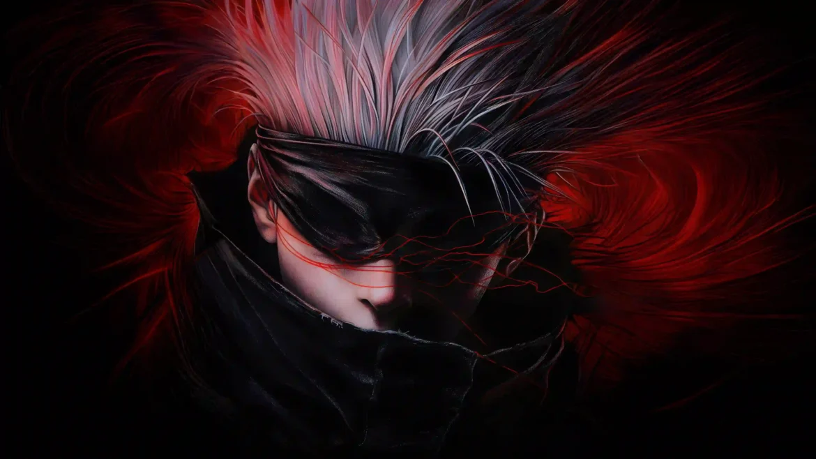 Satoru Gojo with white hair and blindfold surrounded by swirling crimson energy in a dark Ultra HD 4K Jujutsu Kaisen anime wallpaper