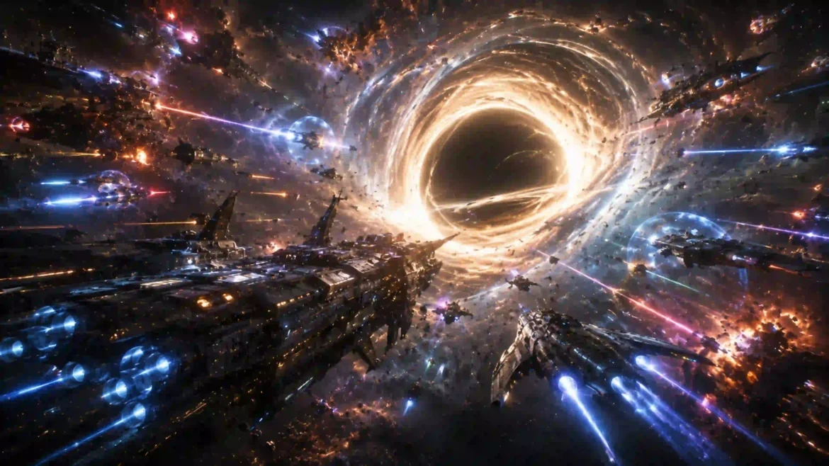 Massive starships engaging in an epic battle near a giant black hole in a futuristic 4K space wallpaper
