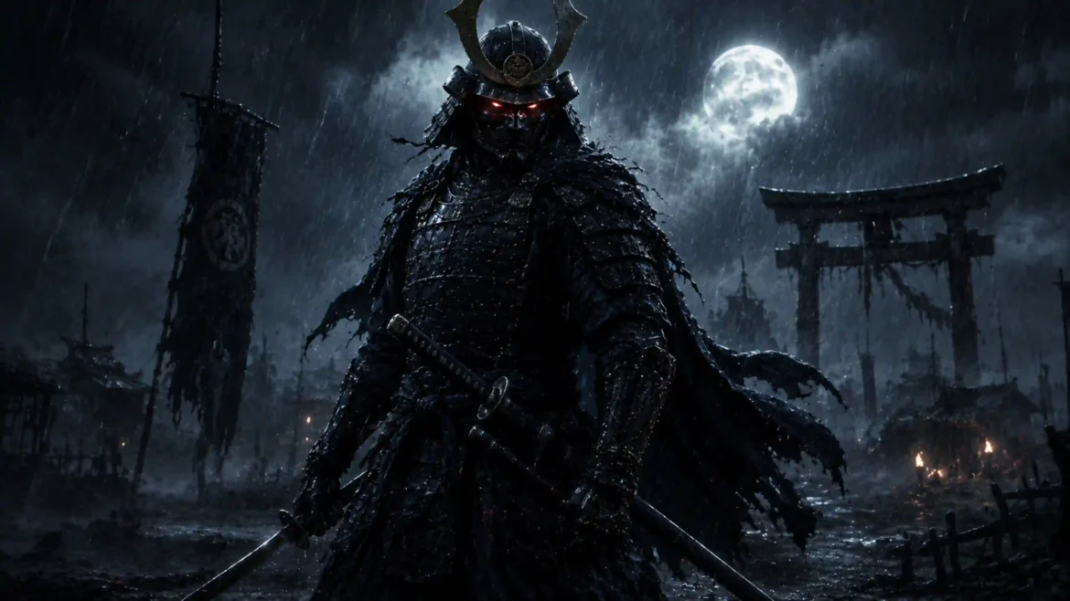 Dark samurai with glowing red eyes standing in rain beneath a full moon and ruined torii gate in a cinematic Ultra HD 4K wallpaper