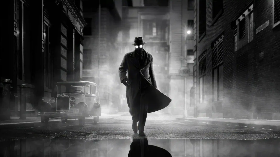 Spider-Man Noir in a fedora and trench coat walking down a misty 1930s city street in a 4K wallpaper