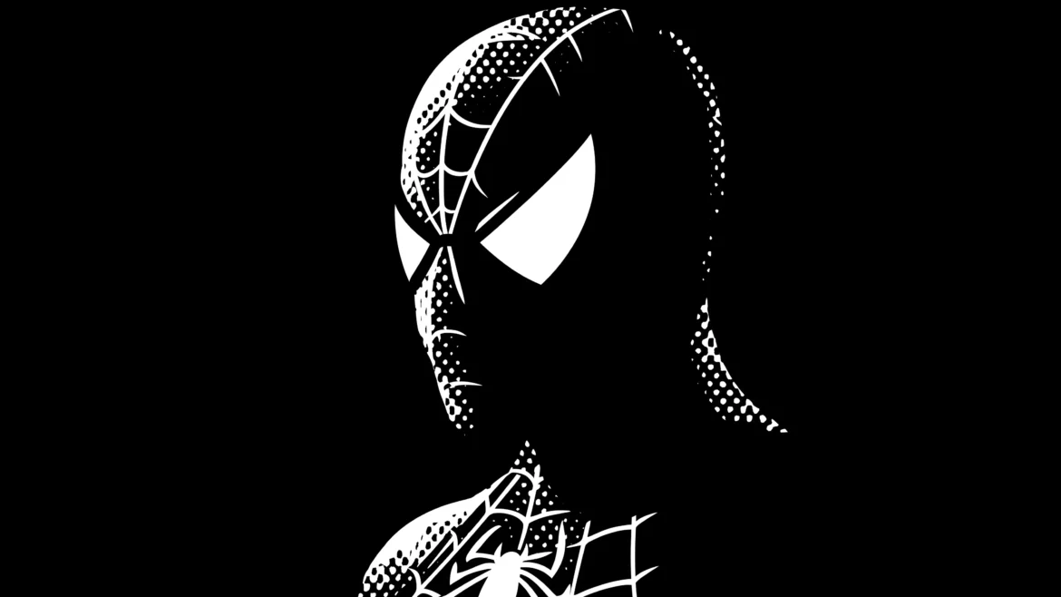 Black-and-white minimalist Spider-Man noir silhouette portrait with comic-style web details and sharp white eyes in an Ultra HD 4K wallpaper