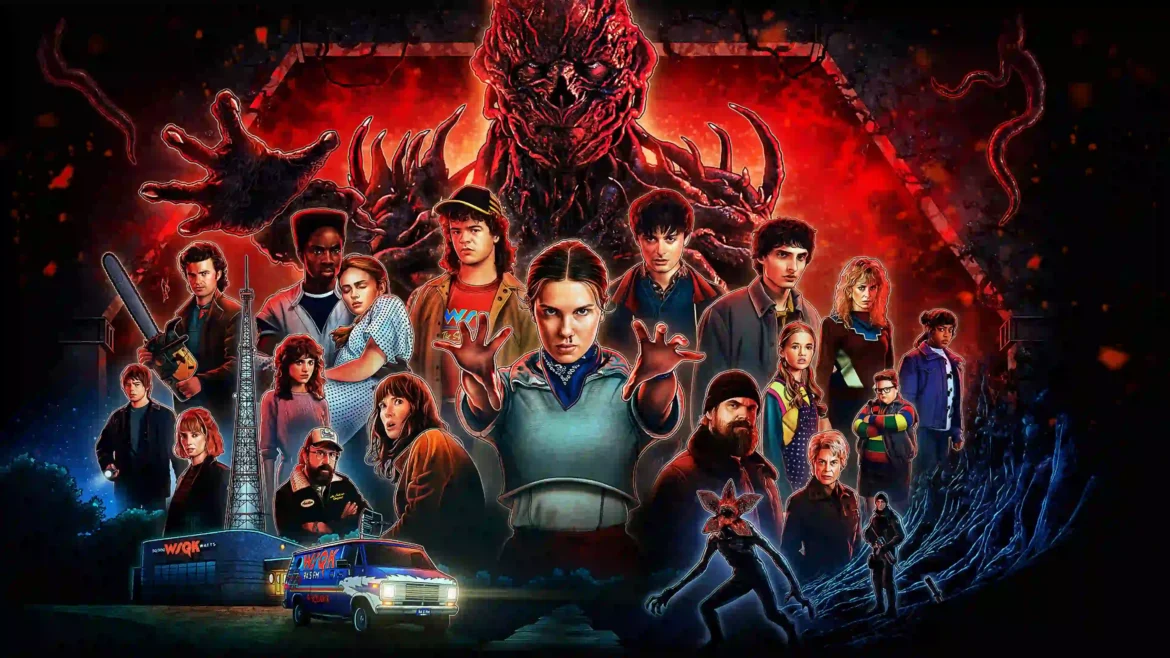 Stranger Things cast standing beneath a crimson Upside Down sky with a monstrous creature looming above in an Ultra HD 4K TV show wallpaper