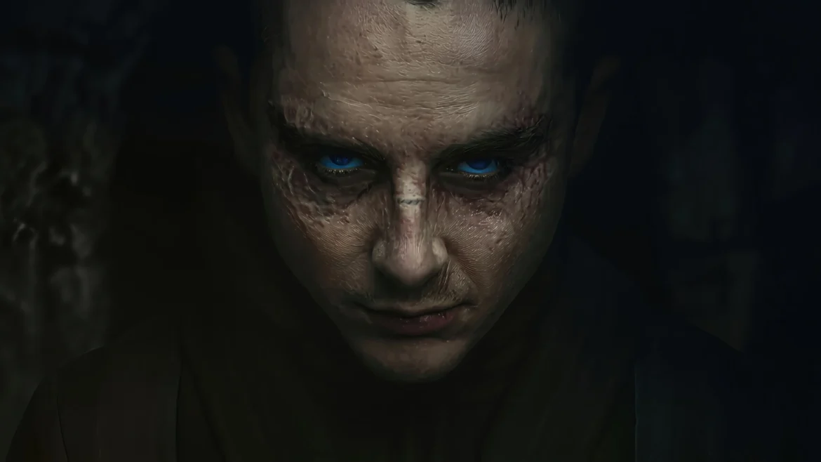 Close-up cinematic portrait of Timothée Chalamet with glowing blue eyes and dramatic dark shadows in an Ultra HD 4K wallpaper