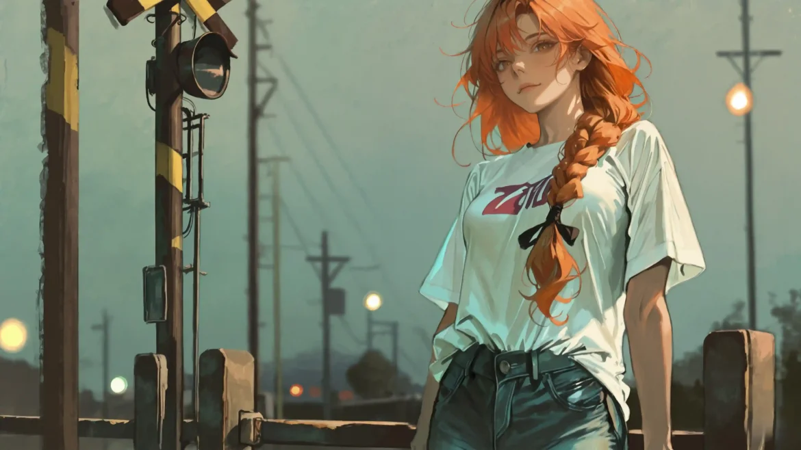 Red-haired anime girl standing near an urban railway platform at sunset with glowing lights and utility poles