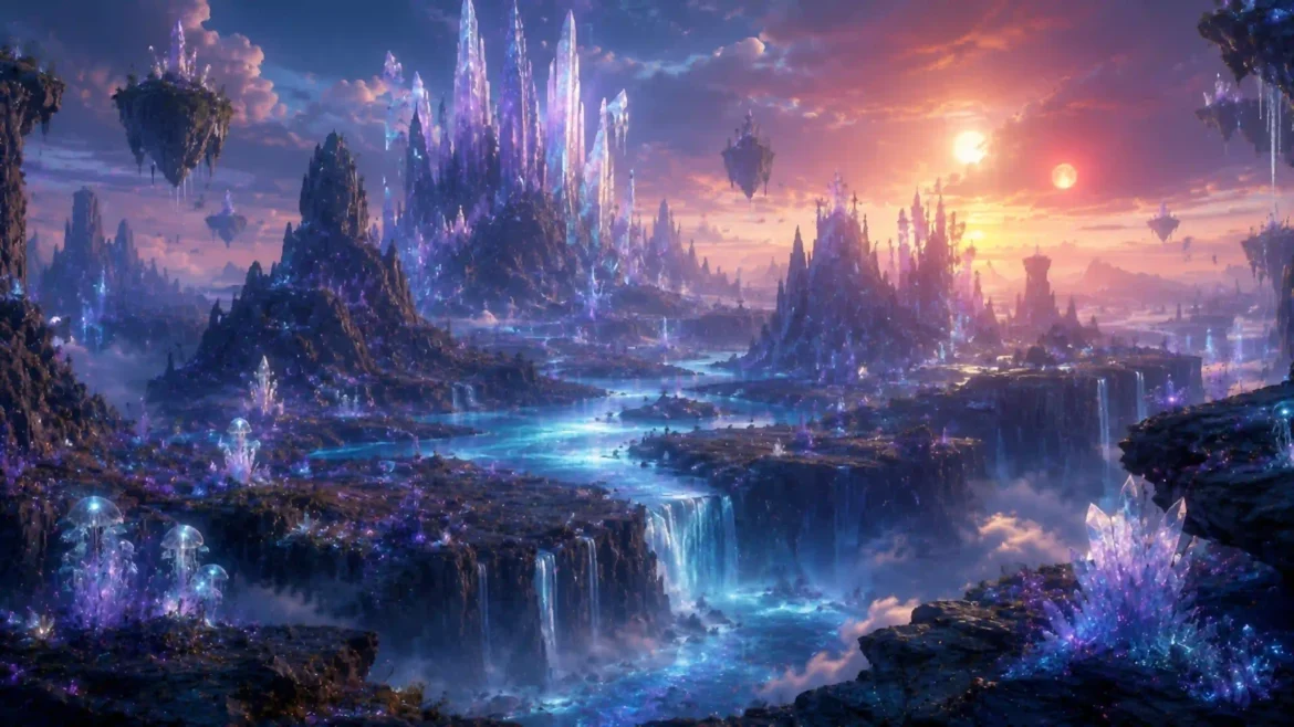 Alien landscape with towering purple crystals, floating islands, glowing blue waterfalls, and twin suns setting in a 4K wallpaper