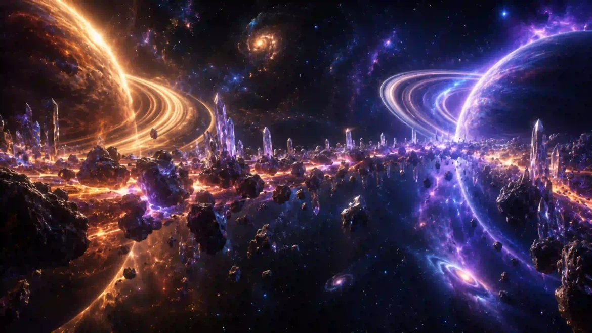 Space asteroid belt filled with glowing purple crystals between two ringed planets in a 4K sci-fi space wallpaper