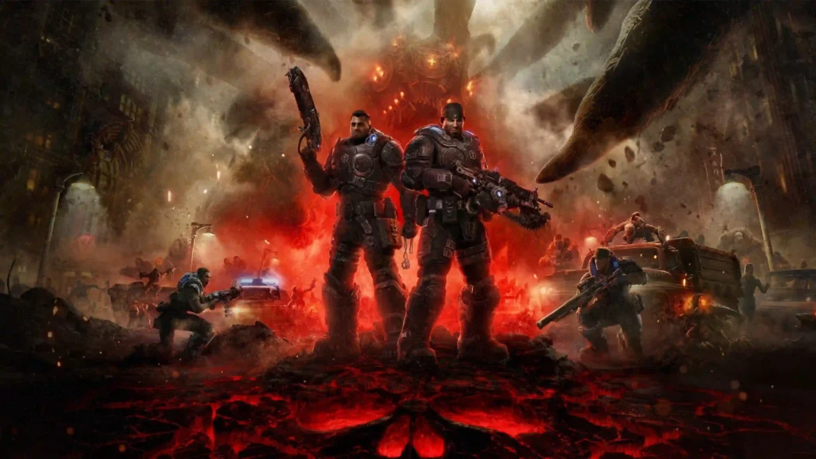 Marcus Fenix and Dom Santiago standing together with Lancers amidst fiery chaos on Emergence Day in a 4K Gears of War E-Day gaming wallpaper
