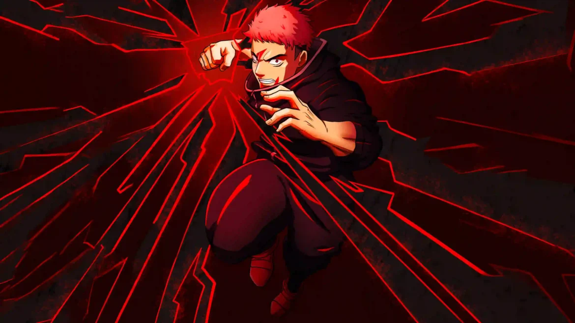 Anime protagonist Yuji Itadori lunging forward with a glowing red cursed energy punch in a 4K Jujutsu Kaisen wallpaper