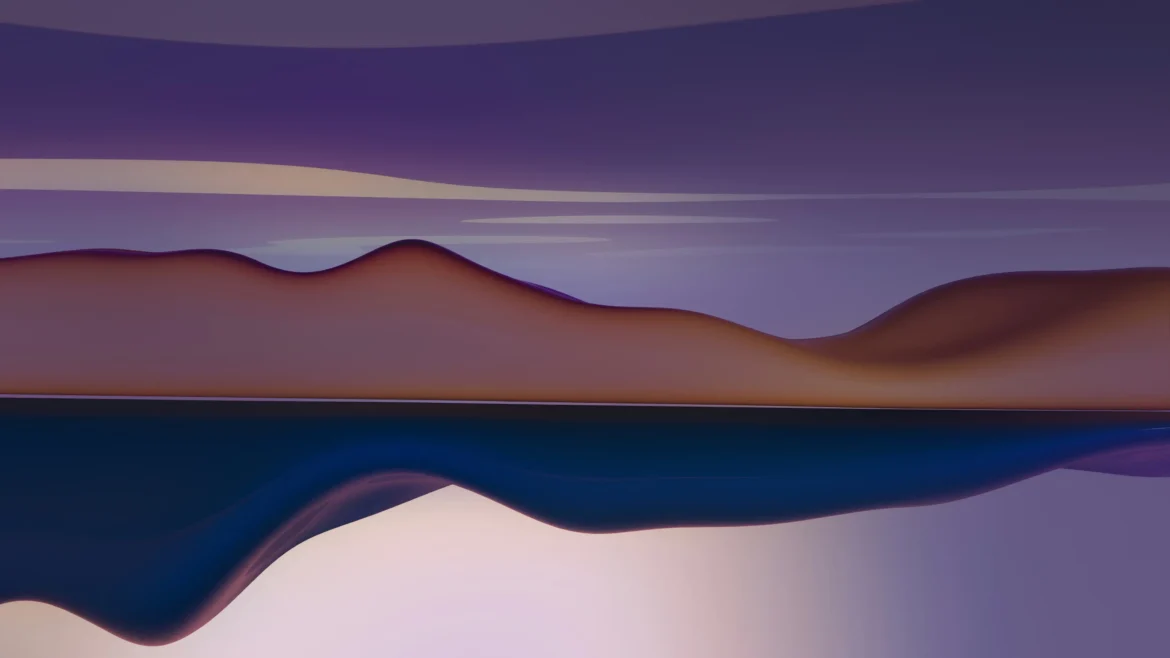 Minimalist abstract 3D artwork of smooth copper sand dunes reflecting over a deep purple liquid horizon in a 4K wallpaper