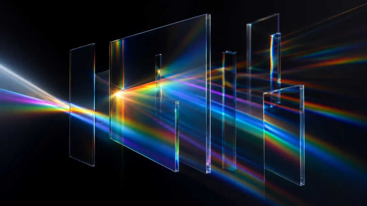 Beam of white light refracting into a rainbow spectrum through transparent glass plates in a 4K abstract wallpaper