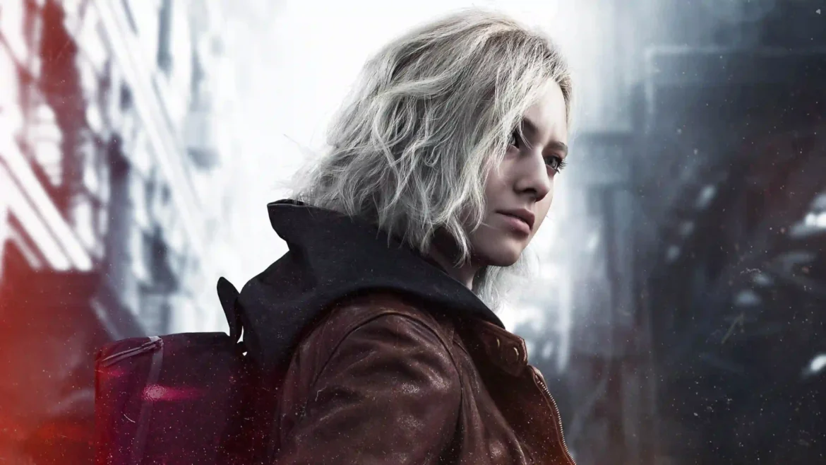 Cinematic close-up portrait of Rose Winters from Resident Evil looking back over her shoulder in a brown jacket and dark hood in a 4K gaming wallpaper