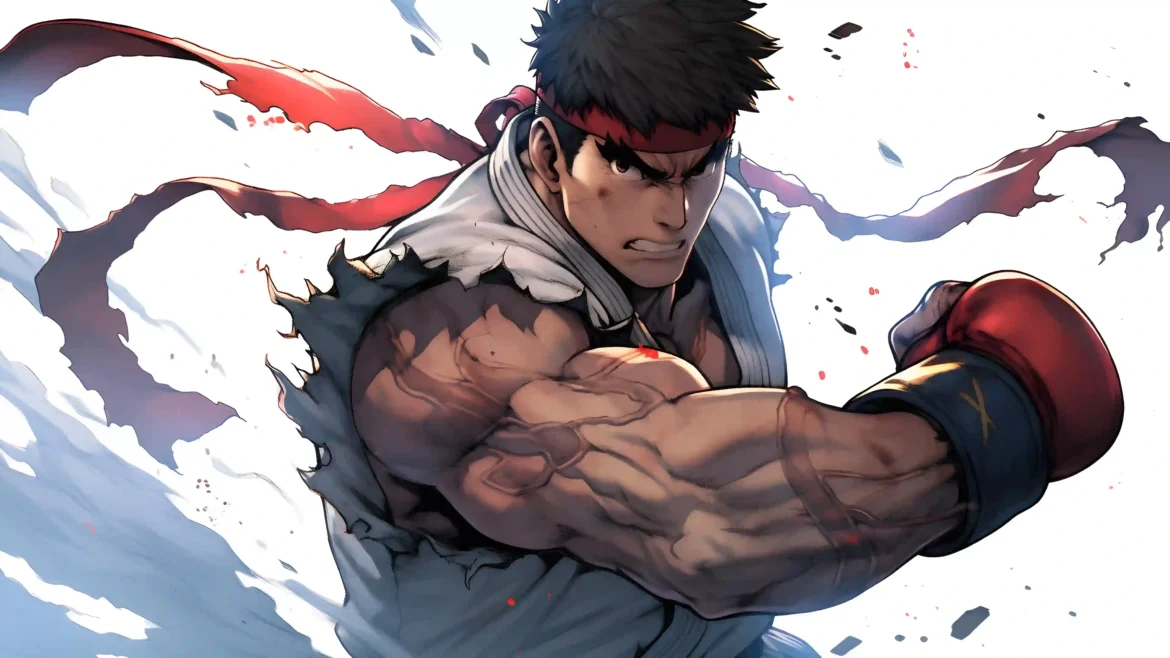 Ryu from Street Fighter throwing a powerful punch in a high-resolution 4K comics wallpaper