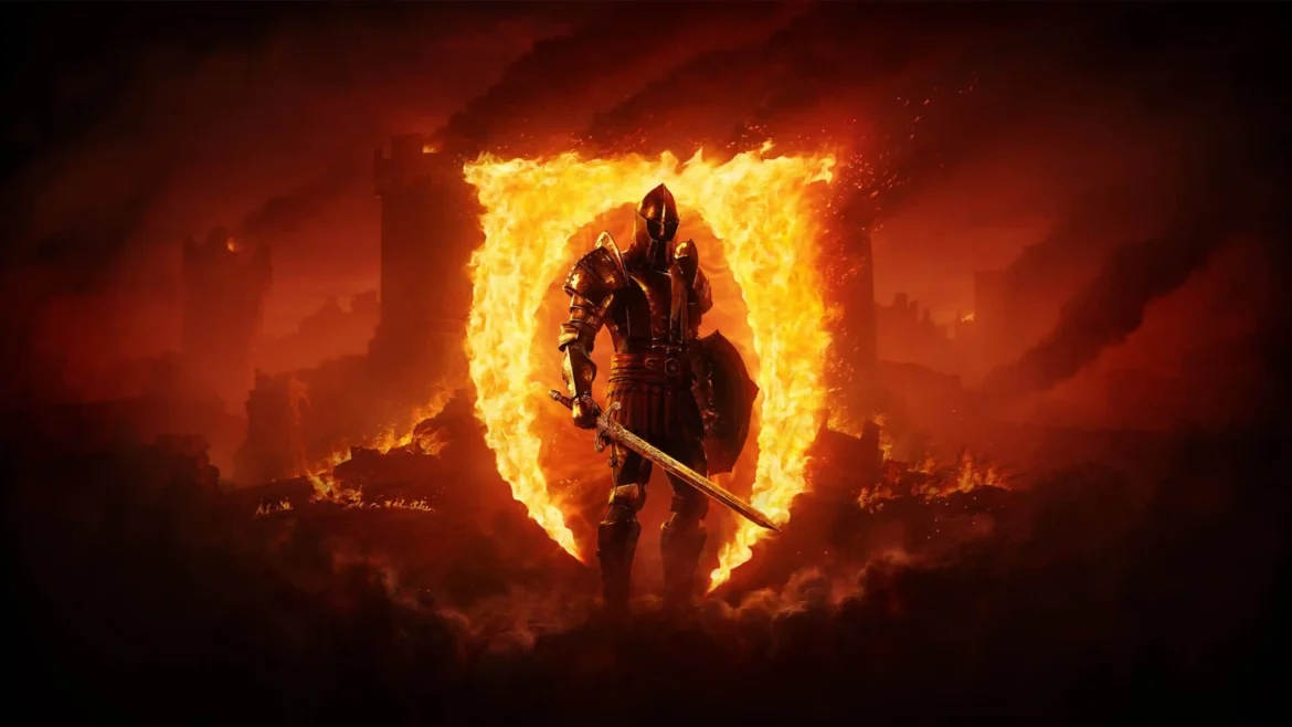 Armored knight holding a sword standing in front of a glowing fiery Oblivion gate with burning fortress ruins in a 4K gaming wallpaper