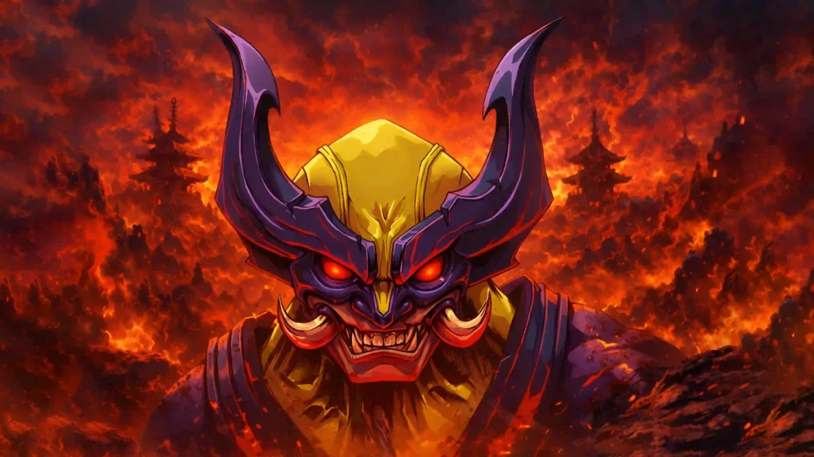 Wolverine wearing a Japanese Oni demon mask with horns and fangs in front of a fiery burning background with pagodas in a 4K Marvel wallpaper