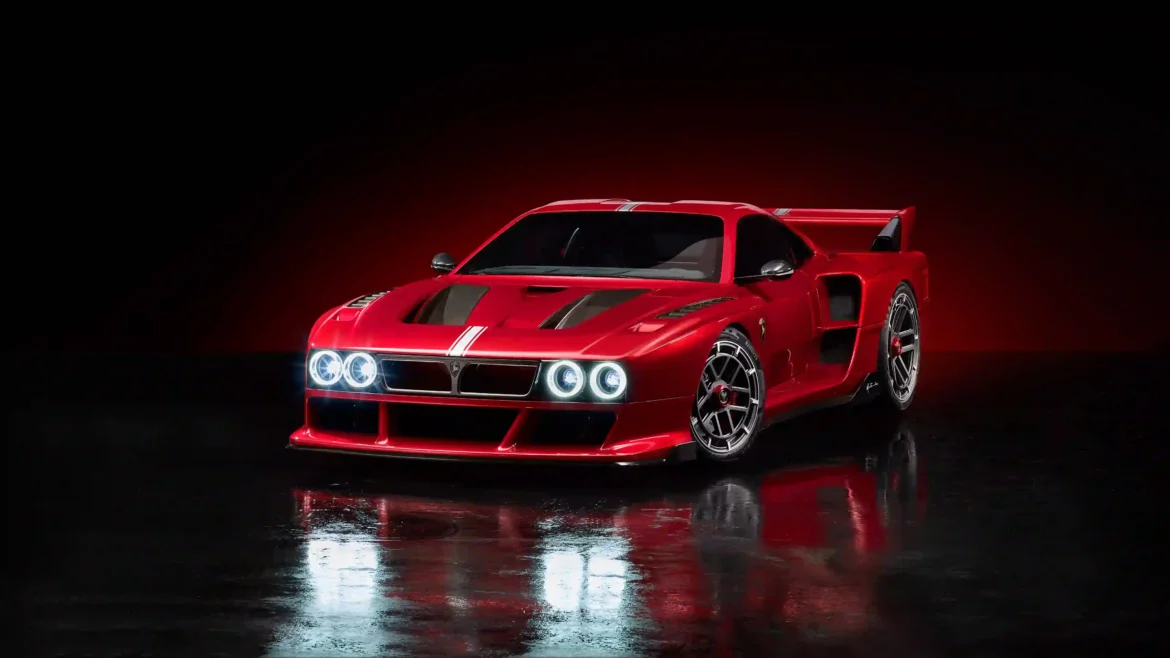 Studio photograph of a metallic red 2026 Kimera K39 Stradale supercar with illuminated headlights parked on a wet reflective floor in a 4K wallpaper