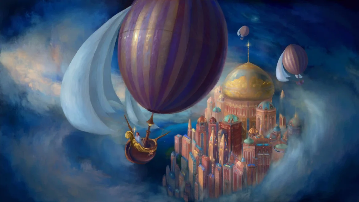 Digital painting of a fantasy floating city with golden domes and a large purple-striped hot air balloon flying through a swirling blue sky in a 4K wallpaper
