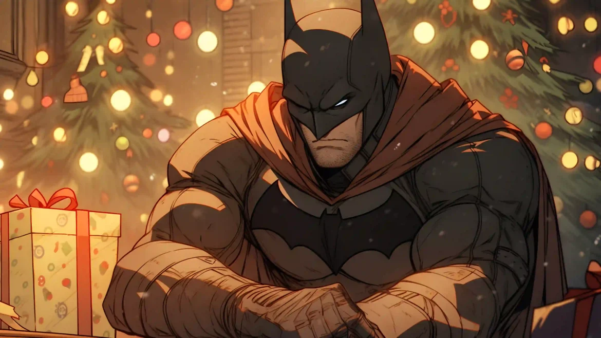 Comic book illustration of a brooding Batman sitting near wrapped gifts and glowing Christmas trees with twinkling lights in a 4K wallpaper