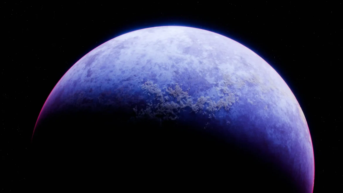 Digital space art of an icy blue alien planet curve with a vibrant magenta atmospheric rim glow against a pitch-black starfield background in a 4K wallpaper
