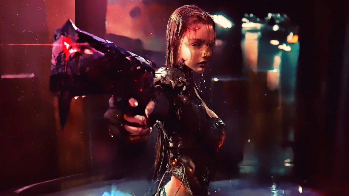 Digital action artwork of a cyberpunk female assassin holding a massive futuristic firearm with red laser sights in a dark industrial setting in a 4K wallpaper