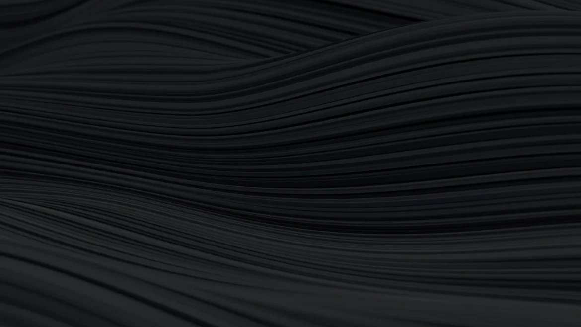3D render of flowing, rhythmic matte black lines and waves creating a dark minimalist texture across a 4K wallpaper