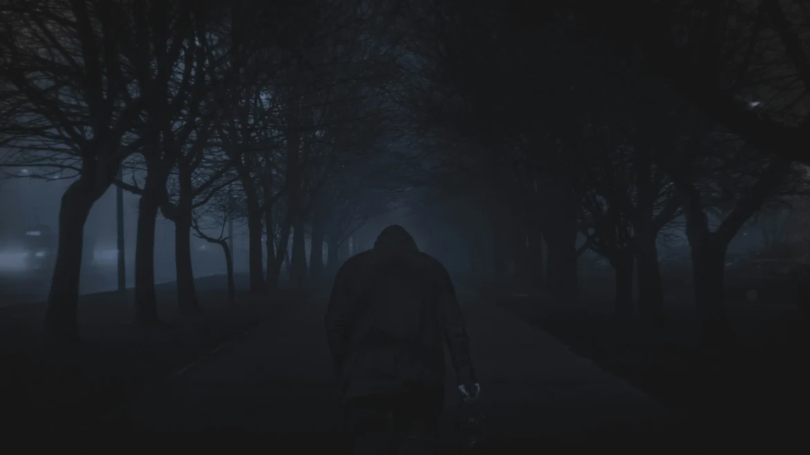 Cinematic photograph of a solitary hooded figure walking down a dark, fog-shrouded path lined with barren trees at night in a 4K wallpaper