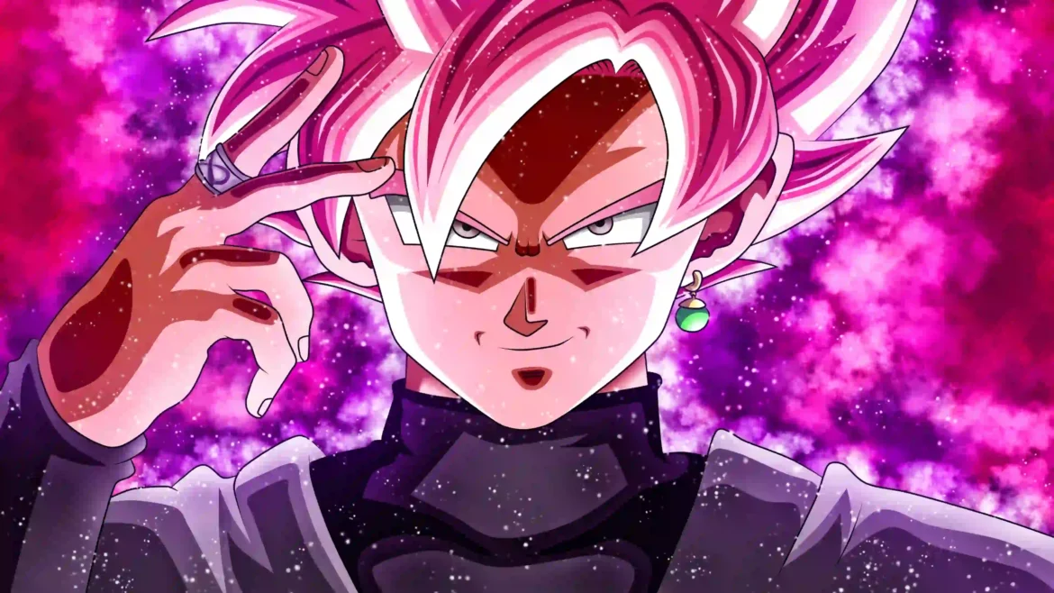 Anime illustration of Goku Black in Super Saiyan Rosé form with pink hair, Time Ring, and Potara earring against a cosmic magenta nebula background in a 4K wallpaper
