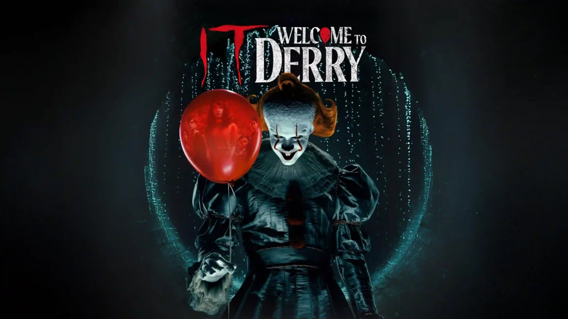 Promotional poster of Pennywise the Clown holding a red balloon from IT: Welcome to Derry against a dark background in a 4K wallpaper