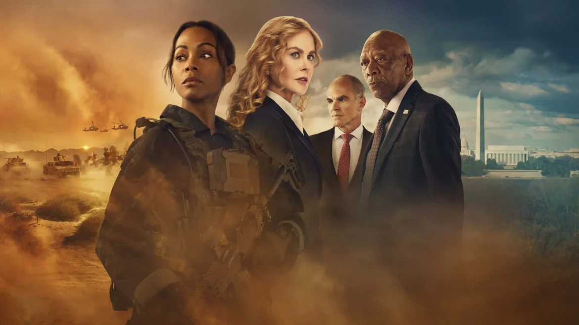 Promotional key art for Lioness Season 2 featuring Zoe Saldaña in tactical gear, Nicole Kidman, and Morgan Freeman against a desert and Washington D.C. skyline in a 4K wallpaper