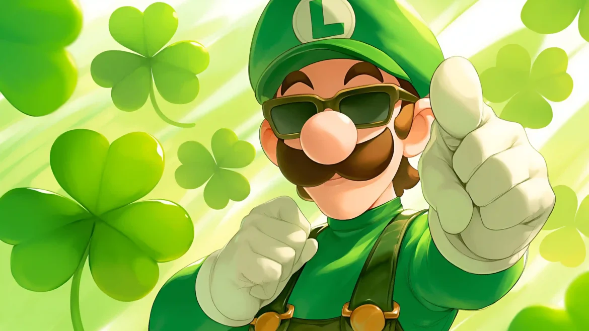 Illustration of Luigi wearing sunglasses and pointing forward surrounded by green shamrocks and clover leaves in a 4K wallpaper