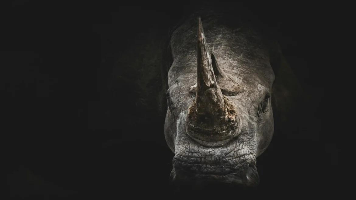Dramatic wildlife photograph of a rhinoceros face and horn emerging from deep shadow against a pitch-black background in a 4K wallpaper