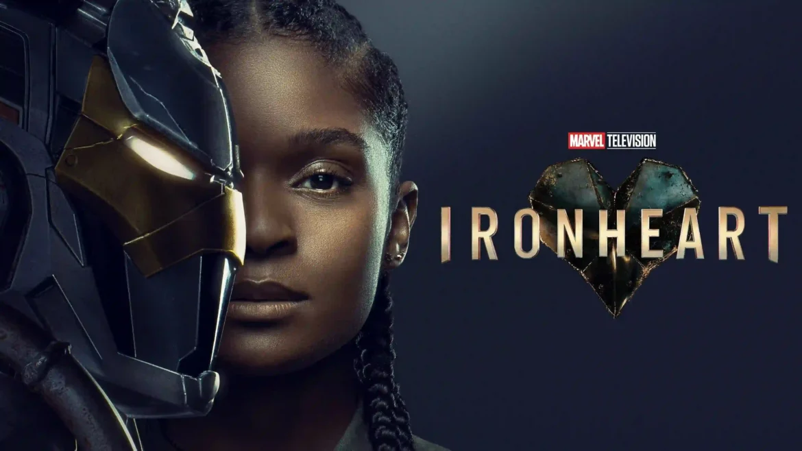 Cinematic poster artwork of Riri Williams alongside her golden Ironheart helmet next to the Marvel Television Ironheart logo in a 4K wallpaper