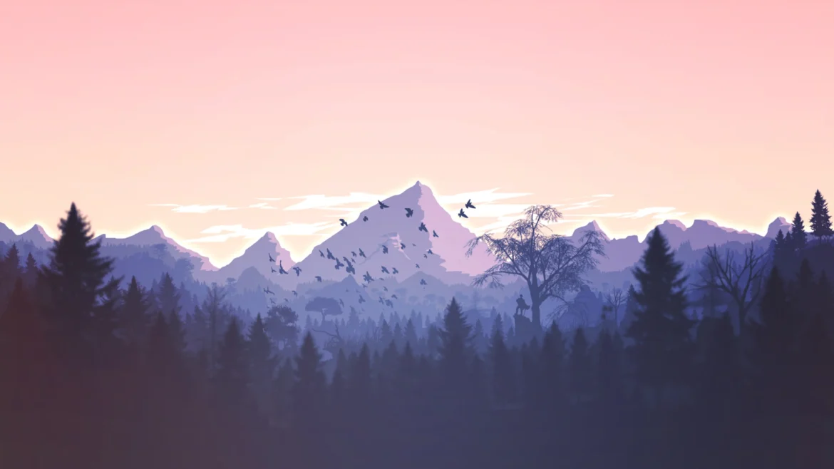 Digital landscape illustration of dark pine trees, purple mountain ranges, and flying birds under a pastel pink sunset sky in a 4K wallpaper