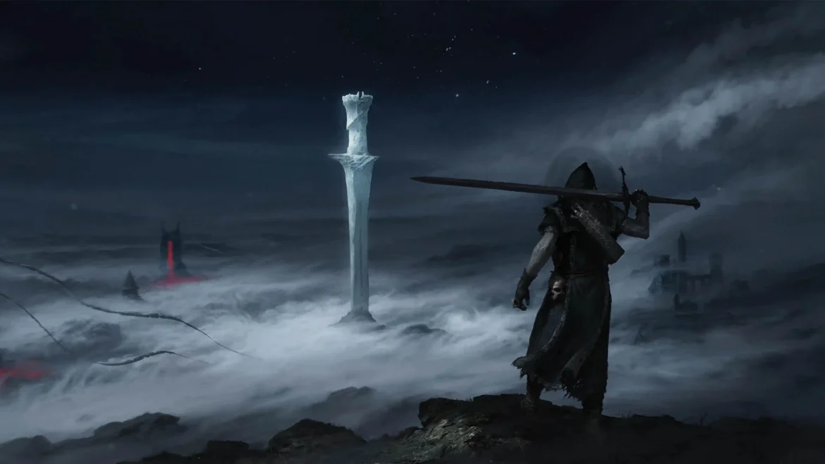 Digital dark fantasy art of a hooded warrior holding a greatsword on a cliff overlooking a foggy landscape with a giant white sword monolith and night sky in a 4K wallpaper
