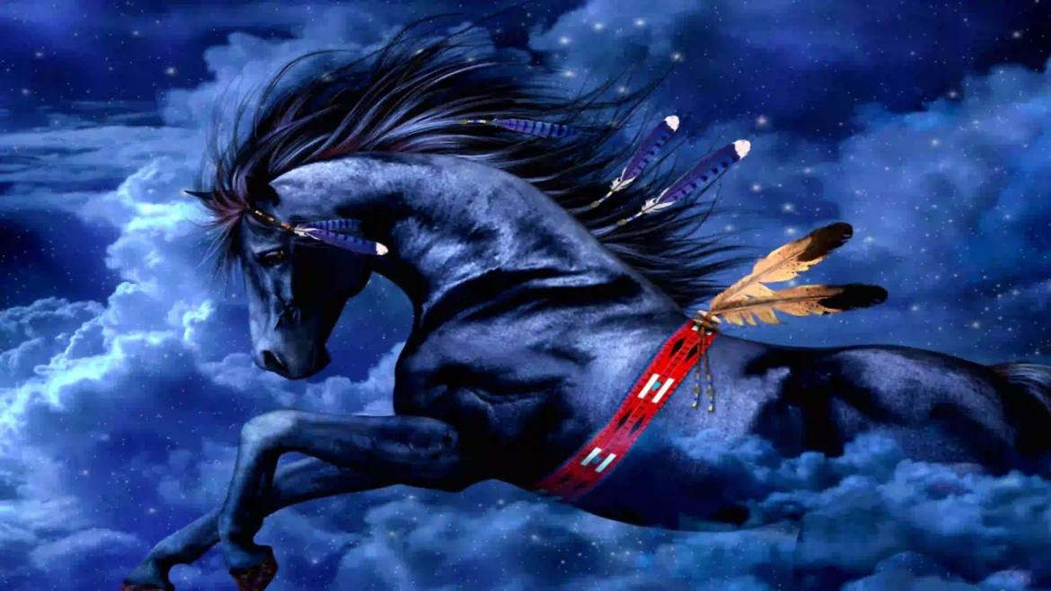 Digital fantasy illustration of a black Native American spirit horse with feathers galloping across a starry blue night sky in a 4K wallpaper